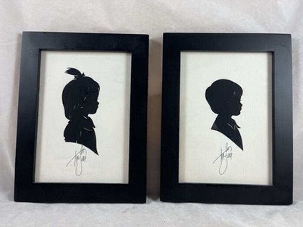 Pair Tim Arnold Hand Cut Silhouettes Portraits Girl and Boy Framed Vintage 1999
